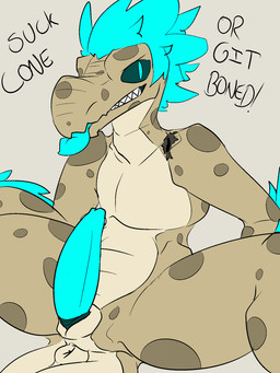 animal_genitalia animal_penis anthro anus arm_tuft blue_body blue_eyes blue_feathers blue_insides blue_penis blue_tongue cyanotic_epithelium demanding dialogue erection feather_hair feathered_crest feathers genital_slit genitals grey_body grey_skin grin head_crest healed_bullet_wound looking_at_viewer male markings penis presenting presenting_penis pseudo_hair pupils scar shoulder_scar simple_background slit_pupils smile solo spots spotted_body tail talking_to_viewer tapering_penis text tongue tongue_out tuft runawaydanish halo_(series) microsoft xbox_game_studios kol_(runawaydanish) alien kig-yar ruuhtian scalie 3:4 aliasing colored digital_media_(artwork) english_text flat_colors hi_res