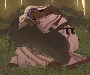 ambiguous_gender black_body black_skin clothed clothing duo female feral flower forest fully_clothed grass overweight overweight_feral plant quadruped ring sharp_teeth sitting_on_grass sleeping sleeping_together teeth tree paiipunk crocodile crocodilian human mammal reptile scalie 6:5