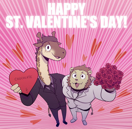anthro black_clothing black_suit bouquet box_of_chocolates brown_hair candy chocolate clothed clothing collared_shirt cute_fangs dessert dress_shirt duo fangs flower flower_bouquet food footwear formal_wear freckled_face freckles hair hand_on_shoulder heart_symbol high-angle_view holding_object holidays horn i_love_you looking_at_viewer male necktie open_mouth ossicone plant round_ears shirt shoes smile smiling_at_viewer spots suit tail tail_tuft tan_body teeth topwear tuft white_clothing white_suit t0l0k valentine's_day andrew_(t0l0k) scott_(t0l0k) felid giraffe giraffid lion mammal pantherine 2026 digital_media_(artwork) hi_res
