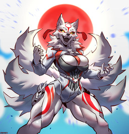 6_tails anthro belt big_breasts black_sclera breasts clothing eyebrows eyelashes female fur leotard markings multi_tail muscular neck_tuft open_mouth red_markings solo tail teeth thick_thighs tuft white_body white_fur yellow_eyes whymete capcom okami_(capcom) amaterasu_(okami) white_fox_amaterasu_(mangakitsune2) canid canine canis mammal wolf hi_res