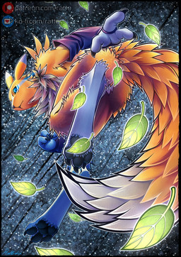 3_fingers 3_toes ambiguous_gender armor blue_eyes butt clothing digitigrade eye_trail feet fingers floating gauntlets gloves handwear leaf looking_at_viewer pawpads solo tail toes conditional_dnp ratte bandai_namco digimon ko-fi patreon digimon_(species) renamon hi_res watermark