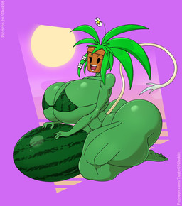 big_breasts big_butt bikini bikini_top black_eyes blush blush_stickers breasts butt clothed clothing female flower food for_a_head fruit green_body huge_breasts huge_butt huge_thighs kneeling looking_at_viewer melon open_mouth plant solo sun swimwear thick_thighs two-piece_swimsuit watermelon tasteofchoklit blaster_master kanna_(blaster_master) elemental_creature elemental_humanoid flora_fauna humanoid object_head plant_humanoid hi_res