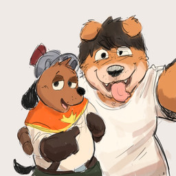 anthro arm_around_shoulders armor blush brown_body brown_fur clothing duo fur hair headgear headwear helmet knight male mrcuymax selfie smile tail tongue tongue_out warrior puppy_guard russell_(puppy_guard) canid canine canis domestic_dog mammal 1:1