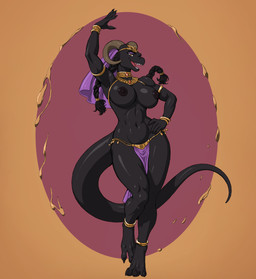 anthro areola bedroom_eyes belly_dancer biped dancing feet female gold_(metal) gold_jewelry hair horn jewelry lidded_eyes mostly_nude narrowed_eyes nipples open_mouth open_smile paws seducing_viewer seductive silk smile solo tail zavni mythology zavni_(character) dragon mythological_creature mythological_scalie scalie hi_res