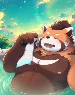 anthro bathing blush detailed_background eyes_closed kemono male moobs nipples outside overweight overweight_male solo steam water kay_46_nrb tamacolle suruga_(tamacolle) ailurid mammal red_panda 2025 absurd_res hi_res