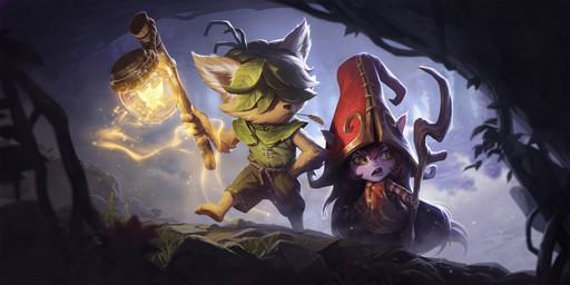 anthro barefoot bottle bottomwear brown_body brown_fur clothing container detailed_background duo feet female forest fur grass hair hand_in_pocket hat headgear headwear holding_lantern holding_object holding_staff lamp lantern looking_aside male open_mouth outside pants plant pockets purple_hair red_clothing red_hat red_headwear rock short smile staff stick tree walking dao_trong_le league_of_legends legends_of_runeterra riot_games tencent lulu_(lol) humanoid yordle 2019 2:1 digital_media_(artwork) hi_res official_art
