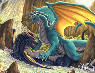 animal_genitalia aroused back_wings blue_body blue_fur blue_penis cave claws duo erection feet female female_on_top female_penetrated feral feral_on_feral feral_penetrated feral_penetrating feral_penetrating_feral finger_claws fur genital_slit genitals hair horn knot knot_in_slit knotted_penis lake long_neck male male/female male_penetrating male_penetrating_female mane membrane_(anatomy) membranous_wings on_top open_mouth penetration penis scales scaly_tail sex simple_background slit_penis smile spread_wings tail vaginal vaginal_penetration vulva water wet wet_body wings chamuskinha mythology dragon mythological_creature mythological_scalie scalie absurd_res digital_media_(artwork) hi_res