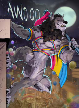 4_toes 5_fingers anthro awoo balloon black_mane black_nose claws eyes_closed fangs featureless_crotch feet finger_claws fingers full_moon fur grey_body grey_fur harness hindpaw howl humanoid_hands inflatable leather leather_harness lgbt_pride male mane moon muscular muscular_anthro muscular_male night nude nude_anthro nude_male outdoor_nudity outside paws pride_colors rainbow_flag rainbow_harness rainbow_pride_flag rainbow_symbol solo tail teeth toe_claws toes scrappyvamp mythology mjodvitnir canid canine mammal mythological_canine mythological_creature werecanid werecanine werecreature werewolf hi_res