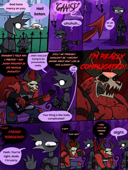 8_panel_comic alternative_fashion analog_clock arm_tattoo armwear back_wings bass_guitar black_body black_feathers black_sclera blood bodily_fluids bone boots bottomwear bracelet clock clothing collar crop_top crying_blood curved_horn devil_horns_(gesture) dialogue duo_focus fangs feathers female fishnet_armwear fishnet_clothing fishnet_legwear footwear gesture goth grandfather_clock group guitar half-closed_eyes hand_gesture holding_guitar holding_musical_instrument holding_object horn humor jewelry legwear male membrane_(anatomy) membranous_wings miniskirt muscle_tone muscular muscular_humanoid muscular_male musical_instrument narrowed_eyes neck_tattoo open_mouth open_smile pants pecs plucked_string_instrument punk red_body red_membrane red_skin sharp_teeth shirt shoes skirt skull skull_head smile speech_bubble string_instrument studded_bracelet studded_collar studded_jewelry studs tank_top tattoo tears teeth text topwear torn_bottomwear torn_clothing torn_pants white_body white_feathers wide_eyed wings happyroadkill deborah_dove satan vixen_"fuck-alliteration"_raven avian bird columbid corvid corvus_(genus) demon demon_humanoid dove humanoid oscine passerine raven absurd_res comic english_text hi_res trans_(lore) trans_woman_(lore)