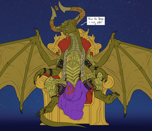 anthro armor balls belt big_balls big_bulge big_penis big_tail bottomwear bulge casual_pooping casual_soiling chair claws clothed clothing detailed_bulge ears_up excessive_feces feces furniture genitals grin hand_on_knee hand_on_leg hard_feces horn huge_balls huge_bulge huge_penis hyper hyper_feces hyper_soiling long_neck male paws penis pooping pose presenting revealing_outfit seductive shorts sitting skimpy smile smirk soiling soiling_bottomwear soiling_clothing soiling_pants soiling_shorts soiling_underwear solo spread_legs spread_wings spreading tail text throne tight_bottomwear tight_bulges tight_clothing tight_shorts tight_underwear underwear wings conditional_dnp samagthrav2 hasbro magic:_the_gathering mythology wizards_of_the_coast nicol_bolas dragon mythological_creature mythological_scalie scalie absurd_res english_text hi_res pinup