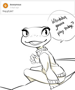 5_fingers anthro bottomwear clothing dialogue eyelashes female fingers freckles open_mouth simple_background sitting solo speech_bubble sweater text tongue topwear white_background glacierclear curious_cat amphibian frog hi_res