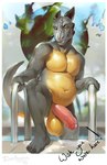 2016 4_toes anthro balls barefoot belly big_balls big_penis biped claws darkgem dragon erection feet foreskin front_view genitals glans grey_body grin half-erect hi_res horn humanoid_genitalia humanoid_penis looking_at_viewer male manly mature_male multicolored_body musclegut muscular muscular_anthro muscular_male mythological_creature mythological_scalie mythology narrowed_eyes naughty_face navel non-mammal_balls nude orange_eyes outside partially_retracted_foreskin pecs penis pink_glans pink_penis pose relaxing reptile scalie simple_background slightly_chubby smile solo step_pose swimming_pool tail talash teeth thick_penis toe_claws toes two_tone_body vein veiny_penis water wet wet_body yellow_body
