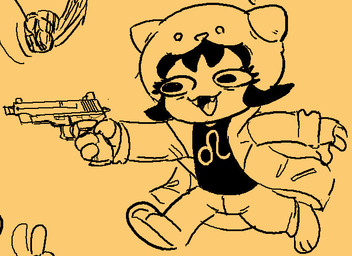 black_clothing black_shirt black_topwear bottomwear clothing female fingerless_gloves footwear gloves gun handwear hat headgear headwear jacket pants ranged_weapon running shirt shoes smile solo topwear weapon newtype_hero homestuck ms_paint_adventures nepeta_leijon alien humanoid troll_(homestuck) black_and_yellow monochrome sketch