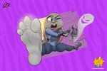 anthro clothed clothing feet female foot_focus humanoid_feet musk one_eye_closed open_mouth plantigrade smelly smelly_feet soles solo toes tongue tongue_out lazzylad disney zootopia judy_hopps lagomorph leporid mammal rabbit 3:2 hi_res