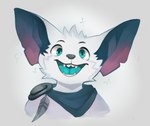 anthro blue_eyes feather_accessory fur kerchief looking_at_viewer male male_anthro neckerchief neckwear open_mouth sharp_teeth shoulder_pads simple_background slightly_chubby solo teeth teeth_showing white_background white_body white_fur xyder league_of_legends riot_games tencent njord yordle digital_media_(artwork) icon portrait young_(lore)