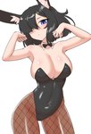 big_breasts black_hair blue_eyes breasts cleavage clothed clothing female fishnet_clothing fishnet_legwear hair hair_over_eye legwear one_eye_obstructed simple_background solo white_background wide_hips nobunagapero animal_humanoid humanoid lagomorph lagomorph_humanoid leporid_humanoid mammal mammal_humanoid rabbit_humanoid absurd_res hi_res