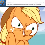 ask_jappleack blonde_hair clothing evil_grin female feral green_eyes hair hat headgear headwear looking_at_viewer smile solo text hotdiggedydemon friendship_is_magic hasbro my_little_pony tumblr applejack_(mlp) earth_pony equid equine horse mammal pony 1:1 english_text