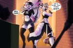 anthro baseball_bat bat_(object) blue_eyes bottomwear breasts butt clenched_teeth clothed clothed_anthro clothed_female clothing collar countershade_torso countershading dialogue duo ear_piercing female front_view fully_clothed fully_clothed_anthro fully_clothed_female fur grey_tail hair hat headgear headwear holding_baseball_bat holding_object inner_ear_fluff legwear navel open_mouth outside pants piercing rear_view red_eyes smile speech_bubble standing tail teeth text thigh_highs tongue topwear tuft white_body white_fur white_hair white_tail yellow_sclera monstercheetah yeenna_(monstercheetah) hyena mammal mephitid skunk 2025 digital_media_(artwork) english_text hi_res