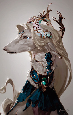 ambiguous_gender anthro blue_clothing blue_eyes christian_cross christian_symbol clothing collar cross ear_piercing ear_ring fur gem hair horn jewelry long_ears long_hair looking_at_viewer metal piercing religion religious_symbol ring_piercing side_view simple_background snout solo white_background white_body white_fur white_hair gveanel christianity canid canine mammal unknown_species 2023 hi_res