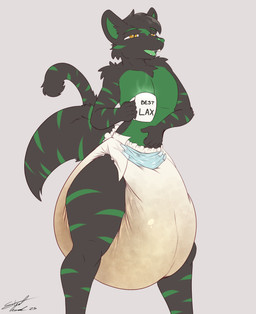 anthro big_diaper black_body black_fur bodily_fluids coffee_mug diaper feces front_view fur genital_fluids male open_mouth pooping sagging_diaper soiled_diaper soiling soiling_diaper solo standing unclean_diaper urine used_diaper using_diaper wet_diaper yawn steelshark canid canine felid feline hybrid mammal absurd_res hi_res
