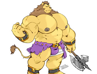 5_fingers anthro axe belt biceps big_muscles black_nipples black_nose black_pawpads brown_hair bulge fingers fur hair huge_muscles looking_at_viewer male melee_weapon muscular muscular_anthro muscular_male nipples pawpads pecs plantigrade simple_background solo standing warrior weapon white_background wristband yellow_body yellow_fur megawaffle duke_(megawaffle) felid lion mammal pantherine 2019 hi_res