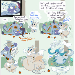 abdominal_bulge ambiguous_gender anthro anthro_pred belly berry big_belly blue_body blue_eyes brown_body brown_fur bulge casual_vore clothing covered_in_food detailed_bulge dialogue digestion duo eating evolution evolution_(transformation) fatal_vore female feral food food_in_mouth fruit fur instant_digestion male male/female open_mouth oral_vore plant pokemon_berry purple_body red_eyes rumbling_stomach simple_background size_difference smaller_pred smile sound_effects speech_bubble swallowing tail text tongue transformation tripping vore globaldonut34 veve023 nintendo pokemon eira_(globaldonut34) veevee canid canine eevee eeveelution generation_1_pokemon generation_4_pokemon generation_8_pokemon glaceon mammal pokemon_(species) sneasler absurd_res comic digital_media_(artwork) english_text hi_res