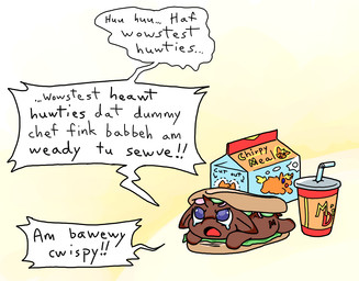 abuse ambiguous_gender angry animal_abuse beverage bodily_fluids brown_body brown_fur container cup dialogue featureless_hands feral food fur looking_up lying nude on_front open_mouth purple_eyes sandwich_(food) tears text toony young young_ambiguous young_feral squeakyfriend fluffy_pony happy_meal fluffy_pony_(species) mammal 2025 digital_media_(artwork) english_text flat_colors intralingual_translation