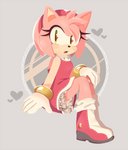 accessory anthro boots clothing female footwear gloves green_eyes hair_accessory hairband handwear shoes sitting solo white_clothing white_gloves white_handwear tangopack sega sonic_the_hedgehog_(series) amy_rose eulipotyphlan hedgehog mammal 2019 hi_res