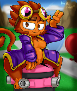 3_toes 4_fingers abstract_background anthro balloon biped bloon breasts brown_body brown_eyes brown_fur clothing eyebrows eyewear eyewear_on_head featureless_breasts feet female fingers fur genitals goggles goggles_on_head inflatable innie_vulva looking_at_viewer presenting purple_clothing purple_robe robe sitting smile smiling_at_viewer solo toes vulva ner0_kobold bloons_tower_defense ninja_kiwi alchemist_(bloons) haplorhine mammal monkey primate 2022 digital_media_(artwork) hi_res shaded signature