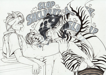 2_horns anthro anthro_on_anthro anthro_penetrated anthro_penetrating anthro_penetrating_anthro ball_suck balls balls_in_mouth bent_over big_breasts big_butt biped bodily_fluids breasts butt clothed clothing cum cum_in_hair cum_on_face cum_on_penis dewclaw_hooves drooling duo eyelashes female female_penetrated genital_fluids genitals hair handjob heart_symbol hooves horn huge_breasts humanoid_hands kiss_mark larger_female legwear lips lipstick_on_balls lipstick_on_penis looking_pleasured male male/female male_penetrating male_penetrating_female mature_female narrowed_eyes onomatopoeia oral panties penetration penile penis pupils saliva sex size_difference smaller_male smile sound_effects sucking tail text thick_thighs thigh_highs tongue tongue_out underwear unguligrade longinius lhana_(longinius) bovid caprine felid mammal pantherine tiger hi_res