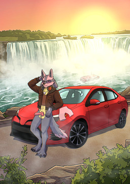animal_genitalia animal_penis anthro balls black_body black_claws boat bottomless brown_clothing brown_jacket brown_shirt brown_topwear canine_genitalia canine_penis car chest_spike claws closed_smile clothed clothing electronics erection eyewear fur genitals glasses hand_behind_head hand_spike headphones headphones_around_neck jacket knot knotted_penis looking_at_viewer male mouth_closed niagara_falls outside pantsless penis red_body red_car red_eyes red_fur shirt smile solo spikes spikes_(anatomy) standing sunset tan_balls tan_body tan_fur topwear two_tone_tail vehicle watercraft waterfall timmx nintendo pokemon toyota toyota_corolla colin_(colinthelucario) generation_4_pokemon lucario pokemon_(species) absurd_res hi_res