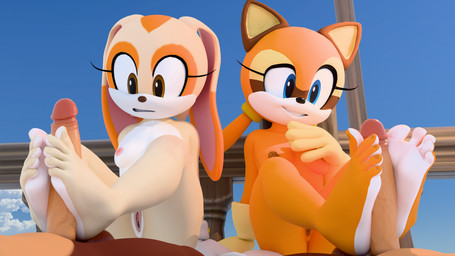 aged_up anthro anthro_on_anthro areola balls barefoot blue_eyes breasts brown_eyes butt clothing erection feet female foot_fetish foot_play footjob fur genitals gloves gloves_only group group_sex handwear handwear_only interspecies male male/female mostly_nude multicolored_body multicolored_fur nipples nude orange_body orange_fur outside penis sex small_breasts smile soles tan_body tan_fur vulva white_body white_fur yellow_body yellow_fur twintails3d sega sonic_the_hedgehog_(series) cream_the_rabbit marine_the_raccoon lagomorph leporid mammal procyonid rabbit raccoon 16:9 2026 3d_(artwork) 4k absurd_res digital_media_(artwork) hi_res widescreen