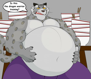 after_eating anthro belly big_belly bloated bottomwear bowl chopsticks clothing container dialogue fur grey_body grey_fur huge_belly male markings musclegut muscular obese overweight pants pecs solo spots spotted_body spotted_fur stuffing text yellow_sclera hidi dreamworks kung_fu_panda tai_lung_(kung_fu_panda) felid mammal pantherine snow_leopard english_text hi_res