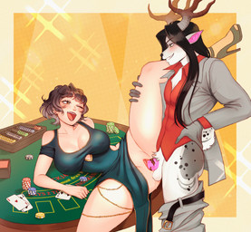 5_fingers anthro anthro_penetrating anthro_penetrating_female anthro_penetrating_human antlers balls big_breasts blackjack_table bottomwear bottomwear_down breasts brown_hair card clitoris clothed clothed_anthro clothed_female clothed_human clothed_male clothed_sex clothing clothing_aside dress dress_aside duo female female_penetrated fingers fur furniture genitals hair horn human_on_anthro human_penetrated interspecies leg_glider_position light_body light_skin long_hair male male/female male_penetrating male_penetrating_female male_penetrating_human mottled mottled_genitalia mottled_penis on_table one_eye_closed pants pants_down partially_clothed penetration penile penile_penetration penis penis_in_vagina pointy_ears poker_chip pubes raised_clothing raised_leg scut_tail sex short_tail table tail vaginal vaginal_penetration vulva white_body white_fur melunix deer human mammal colored hi_res