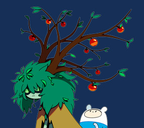 ambiguous_gender antlers apple cloak clothing duo food fruit green_body green_pseudo_hair green_skin hat headgear headwear horn leaf leaf_hair mask mechanical_arm plant plant_hair pseudo_hair shirt toony topwear tree discount-supervillain adventure_time cartoon_network finn_the_human huntress_wizard elemental_creature elemental_humanoid flora_fauna human humanoid mammal plant_humanoid treant tree_humanoid hi_res