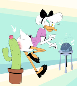 anthro beak bottomless butt butthurt cactus cactus_flower clothed clothing electronics feathers female flower monobutt pain plant radio reddened_butt simple_background solo tail tail_feathers white_body white_feathers alermg disney ducktales ducktales_(2017) daisy_duck anatid anseriform avian bird duck absurd_res hi_res
