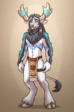 3_fingers anthro antlers arm_markings bottomwear chest_markings clothed clothed_anthro clothed_male clothing facial_markings fingers fur grey_hair hair head_markings hooves horn jewelry loincloth male markings necklace smile solo standing topless topless_anthro topless_male tribal tribal_markings white_body white_fur honeymooo blizzard_entertainment warcraft adrigos bovid bovine highmountain_tauren mammal tauren 2:3 hi_res