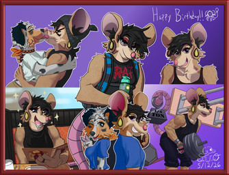 anthro arm_tuft athletic_wear backpack big_ears black_clothing black_hair black_shirt black_topwear blue_clothing blue_shirt blue_topwear bodily_fluids breast_squish breasts brown_body brown_eye brown_fur buckteeth cheek_tuft chest_tuft clothing drooling duo ear_piercing ear_ring exercise facial_piercing facial_tuft female food fur gesture gym hair hand_gesture happy hug kerchief licking menu multiple_poses muscular neckerchief neckwear nose_piercing nose_ring pancake piercing pink_nose pose purple_eyes rat_ears rat_tail red_eyelids ring_piercing saliva shirt shoulder_tuft smile smug solo sparkles squish tail tan_body tan_fur teeth text tongue topwear tuft v_sign weightlifting weights white_clothing white_shirt white_topwear wince workout wristband go-two australian_shepherd canid canine canis domestic_dog herding_dog mammal murid murine pastoral_dog rat rodent sheepdog absurd_res english_text hi_res multiple_images