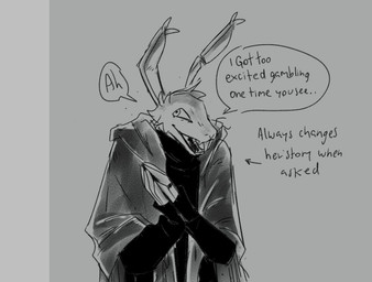 ambiguous_gender answer answering anthro clothed clothed_anthro clothing dialogue directional_arrow fully_clothed fully_clothed_anthro grey_background simple_background solo speech_bubble talking_to_viewer text aveloka cult_of_the_lamb massive_monster_(studio) follower_(cult_of_the_lamb) nolen_(aveloka) hare lagomorph leporid mammal 2025 digital_drawing_(artwork) digital_media_(artwork) english_text monochrome female_(lore)