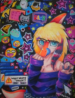 2000s_theme abstract_background alternative_fashion anthro biped blonde_hair blue_tongue bone_frill bow_tie breasts clothing cursor emo error_message eyewear female fingernails fingers food frill_(anatomy) front_view glasses green_eyes hair heart_symbol highlights_(coloring) humanoid_hands licking licking_lips lmao long_hair long_tongue looking_at_viewer medium_breasts nails non-mammal_breasts orange_body pattern_clothing pattern_shirt pattern_topwear pizza raccoon_tail_hair rawr scene_(fashion) scene_haircut shirt smile solo star sticker striped_clothing striped_shirt striped_topwear stripes tail text tongue tongue_out topwear white_body by:_muun goodbye_volcano_high ko_op_(game_developer) nyan_cat_(copyright) naomi_(gvh) nyan_cat dinosaur hadrosaurid ornithischian ornithopod parasaurolophus prehistoric_species reptile scalie absurd_res artist_name colored colored_pencil_(artwork) hi_res marker_(artwork) meme pastel_(artwork) traditional_media_(artwork)