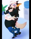 anthro blush breasts cleavage clothed clothing ear_piercing ear_ring eyeshadow female footwear high_heels jewelry loose_footwear makeup mature_anthro mature_female necklace piercing ring_piercing shoe_dangle shoes slightly_chubby solo herro dripdry canid canine canis jackal mammal