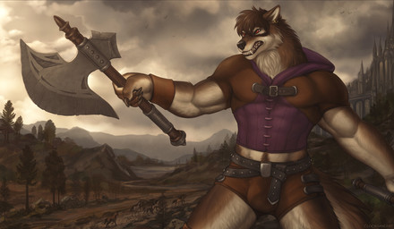 4_fingers anthro axe belt biped black_belt black_claws black_nose bottomwear brown_body brown_bottomwear brown_clothing brown_ears brown_fur brown_hair brown_tail brown_topwear bulge cheek_tuft claws clothing cloud detailed_background ear_piercing ear_ring facial_tuft fangs fingers front_view fur glistening glistening_eyes group hair holding_axe holding_object holding_weapon male messy_hair muscular muscular_anthro muscular_male neck_tuft outside piercing purple_clothing purple_topwear red_eyes ring_piercing sharp_teeth short_hair solo_focus standing tail teeth topwear tuft weapon white_body white_fur white_inner_ear white_tail clockhands mythology canid canine canis mammal mythological_canine mythological_creature werecanid werecanine werecreature werewolf wolf digital_media_(artwork)