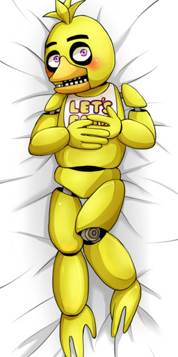 ambiguous_gender anthro beak bed_sheet bedding bib blush dakimakura hand_on_chest head_tuft looking_at_viewer machine purple_eyes solo tuft yellow_body ill825_(artist) five_nights_at_freddy's scottgames chica_(fnaf) classic_chica_(fnaf) animatronic avian bird chicken galliform phasianid robot 2015 dakimakura_design