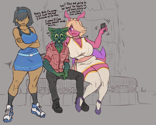 anthro big_breasts breast_size_difference breasts clothing dialogue dress female group hair hair_over_eyes huge_breasts human_on_anthro interspecies male male/female sitting text thick_thighs trio wide_hips signirsol deltarune_yellow undertale_yellow gamer_cat_(undertale_yellow) melody_(deltarune_yellow) sadie_(undertale_yellow) arthropod domestic_cat felid feline felis human mammal english_text