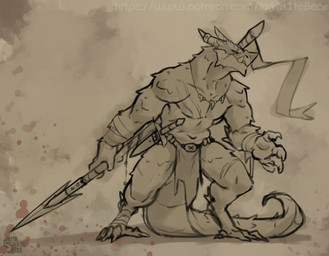 4_fingers 4_toes anthro bandage bandaged_ankle bandaged_arm bandaged_leg bandaged_wrist barefoot belly belt belt_buckle big_tail bottomwear buckle claws clothed clothing dagger digitigrade eye_scar facial_scar fangs feet fingers from_front_position holding_object holding_weapon horn horn_jewelry horn_ring jewelry loincloth loincloth_only male male_anthro mean_look melee_weapon mouth_closed muscular muscular_anthro muscular_male navel necklace parchment paws polearm ring_(jewelry) scales scar sharp_teeth simple_background solo spear spread_legs spreading standing tail tan_body teeth text toe_claws toes tooth_necklace topless tusks weapon wounded mrwhitebear dungeons_and_dragons hasbro mythology wizards_of_the_coast hybrid lizard lizardman mythological_creature mythological_scalie reptile scalie snapping_turtle turtle absurd_res digital_media_(artwork) hi_res monochrome sketch url