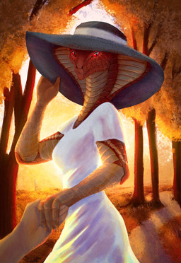 ambiguous_gender ambiguous_pov anthro breasts claws clothed clothing detailed_background dress duo female fingers first_person_view hand_holding hat headgear headwear looking_at_viewer male male_pov non-mammal_breasts orange_body orange_scales outside plant red_eyes scales sky smile snake_hood solo_focus standing sun_hat sundress sunset topwear tree white_clothing white_topwear yellow_body yellow_scales alytarch x-com cobra reptile scalie snake viper_(x-com) 2023 absurd_res digital_drawing_(artwork) digital_media_(artwork) hi_res portrait