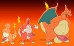 anthro balls belly big_balls big_penis claws countershade_belly countershade_tail countershading crossed_arms erection fire flaming_tail genitals gradient_background group hands_on_hips huge_penis male nude open_mouth orange_body penis same_evolution_group simple_background slightly_chubby slightly_chubby_male standing tail thick_thighs trio wings satsui-n0-had0u nintendo pokemon charizard charmander charmeleon generation_1_pokemon pokemon_(species) absurd_res hi_res