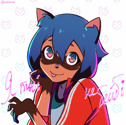 anthro black_hair black_nose blue_body blue_eyes blue_hair brown_body brown_fur clothed clothing female fully_clothed fur hair jacket multicolored_hair pink_eyes short_hair solo tongue tongue_out topwear menanie brand_new_animal studio_trigger michiru_kagemori canid canine mammal raccoon_dog tanuki