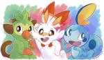 ambiguous_gender color_partitioning feral fur group open_mouth partitioning smile starter_trio tail white_body white_fur conditional_dnp ikitsunyan nintendo pokemon generation_8_pokemon grookey lagomorph mammal pokemon_(species) primate reptile scalie scorbunny sobble 2019 digital_media_(artwork) hi_res