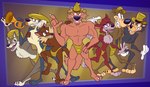 anthro bikini black_body black_fur blue_eyes brass_instrument brown_body brown_fur bulge chest_tuft claws clothed clothing fangs fluffy fluffy_chest fur gloves gold_bikini gold_clothing gold_swimwear grey_body grey_fur group handwear hat headgear headwear male markings multicolored_body multicolored_fur muscular musical_instrument nightcap red_body red_fur sharp_teeth skimpy skinny speedo swimwear tan_markings teeth trumpet tuft two-piece_swimsuit two_tone_body two_tone_fur white_clothing white_gloves white_handwear wind_instrument yellow_eyes gavanzude dreamworks fairy_tale_police_department fairy_tales grimm's_fairy_tale_classics looney_tunes sanrio shrek_(series) silly_symphony warner_brothers big_bad_wolf big_bad_wolf_(disney) big_bad_wolf_(ftpd) big_bad_wolf_(shrek) canid canine canis mammal wolf alternate_version_at_paywall digital_drawing_(artwork) digital_media_(artwork) hi_res signature